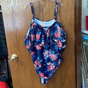 Women’s plus off the shoulder swimsuit navy with flowers. 20W